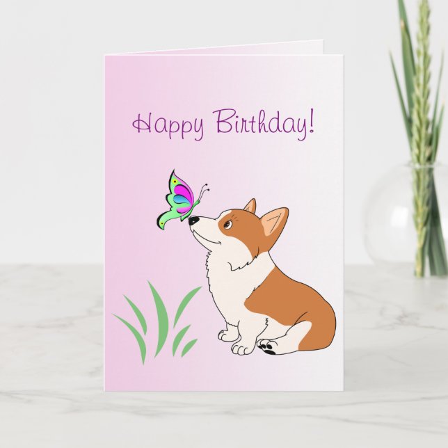 Happy Birthday Corgi with Butterfly Card (Front)