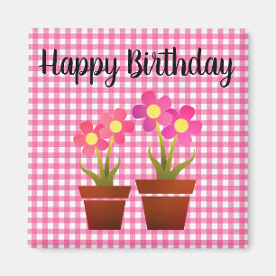 Happy Birthday Country Pink Gingham Floral Magnet