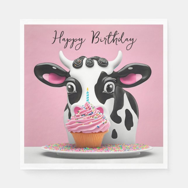Happy Birthday Cow With Cupcake On Pink Napkin (Front)