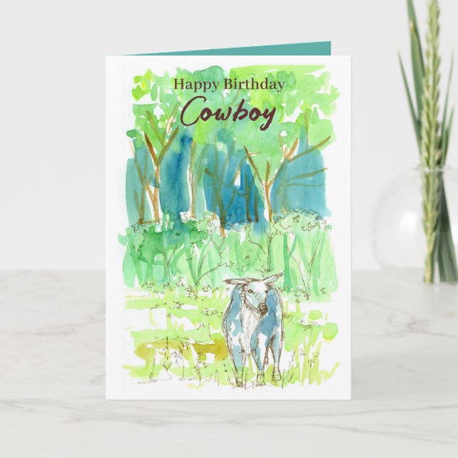 Happy Birthday Cowboy Bull Ranch Pasture Trees Card (Front)
