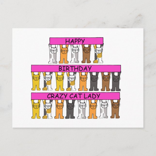 Happy Birthday Crazy Cat Lady, Cartoon Cats. Postcard (Front)