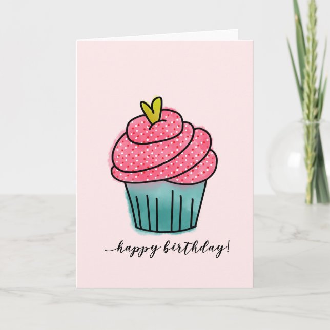 Happy Birthday | Cupcake on Light Pink Card (Front)