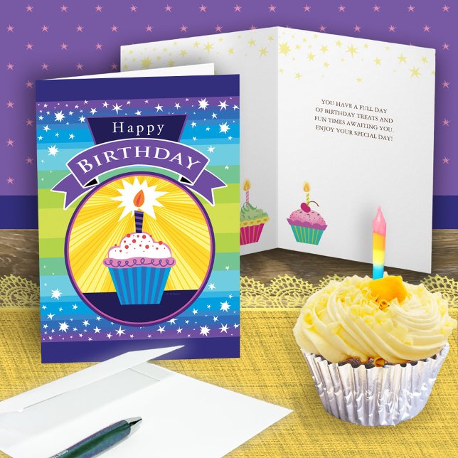 Happy Birthday Cupcake Stars Purple Blue Card (Creator Uploaded)