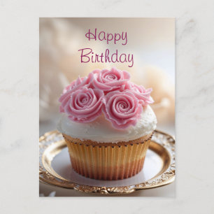 Happy Birthday Cupcake with Pink Cream Roses Postcard