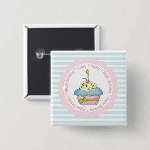 Happy Birthday Cupcakes Blue Stripes with Pink 15 Cm Square Badge