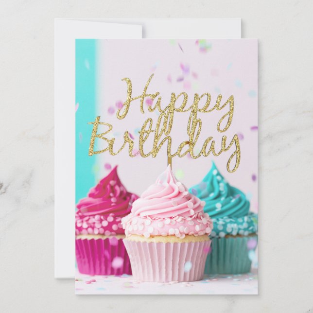 Happy Birthday Cupcakes Elegant Holiday Card (Front)