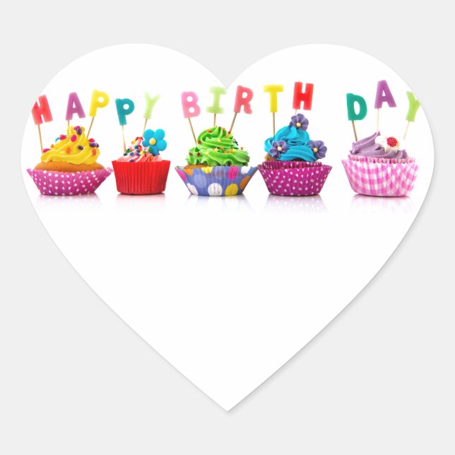 Happy Birthday Cupcakes Heart Sticker (Front)