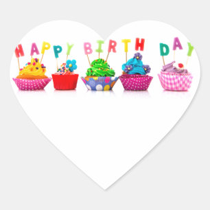 Happy Birthday Cupcakes Heart Sticker