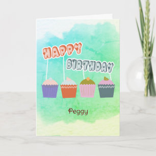 Happy Birthday Cupcakes on Watercolor Blue Custom Card