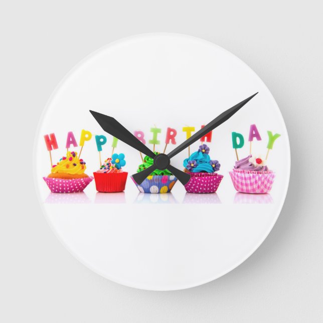 Happy Birthday Cupcakes Round Clock (Front)