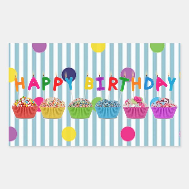 Happy Birthday Cupcakes w/Stripes” Rectangular Sticker (Front)