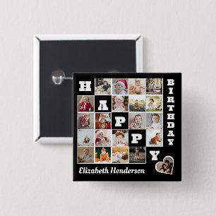 Happy Birthday Custom 21 Photo Collage Gift 15 Cm Square Badge