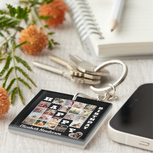 Happy Birthday Custom 21 Photo Collage Gift Key Ring