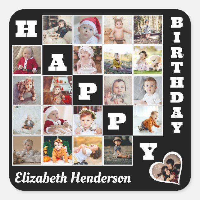 Happy Birthday Custom 21 Photo Collage Gift  Square Sticker (Front)