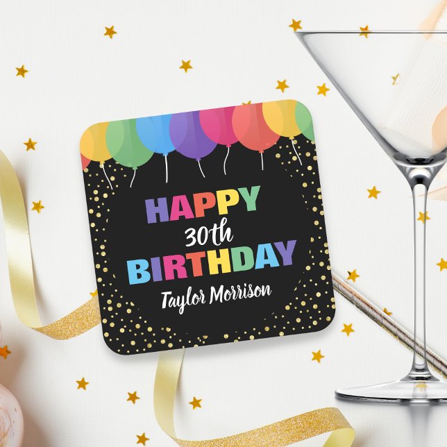 Happy Birthday Custom Age Name Colourful Balloons Square Paper Coaster (Creator Uploaded)
