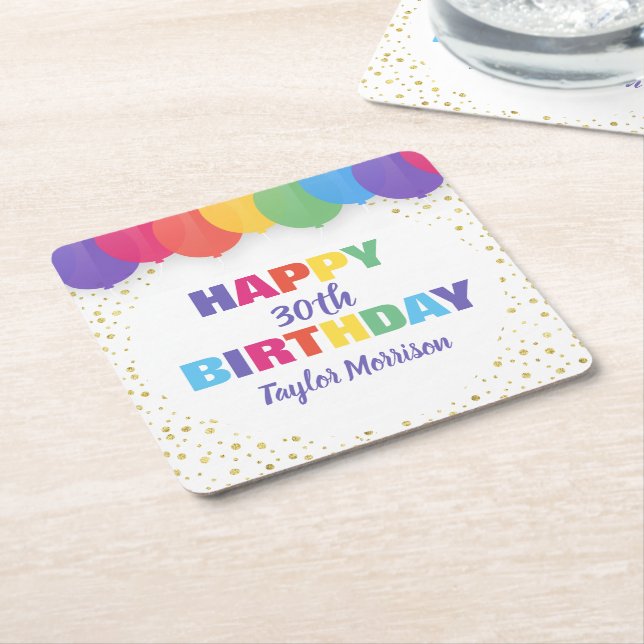 Happy Birthday Custom Age Name Colourful Balloons Square Paper Coaster (Angled)