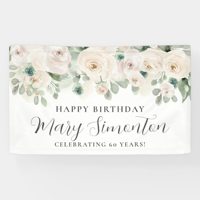Happy Birthday Custom Banner White Floral 60th (Horizontal)