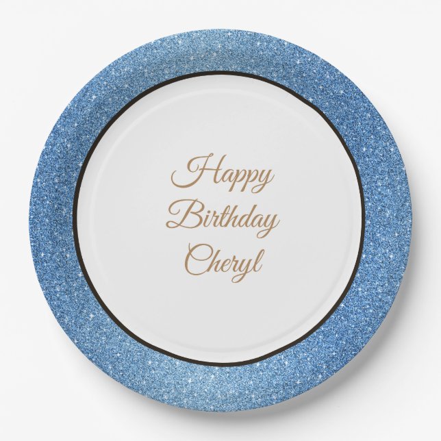 Happy Birthday Custom Blue Glitter 9" Paper Plates (Front)