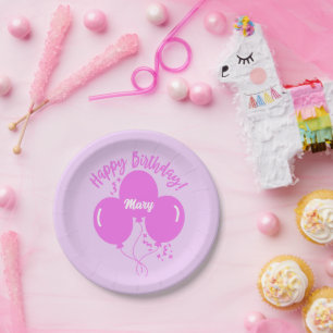 Happy Birthday Custom Hot Pink Balloons Paper Plate