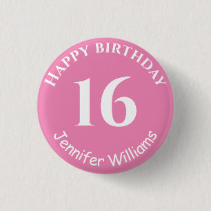 Happy Birthday Custom Name Age Year Pink Button
