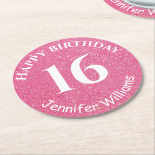 Happy Birthday Custom Name Age Year Pink Glitter Round Paper Coaster