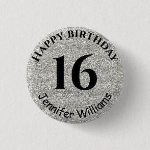 Happy Birthday Custom Name Age Year Silver Glitter 3 Cm Round Badge