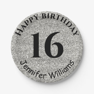 Happy Birthday Custom Name Age Year Silver Glitter Paper Plate
