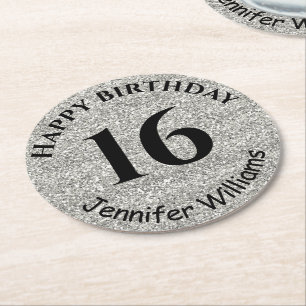 Happy Birthday Custom Name Age Year Silver Glitter Round Paper Coaster