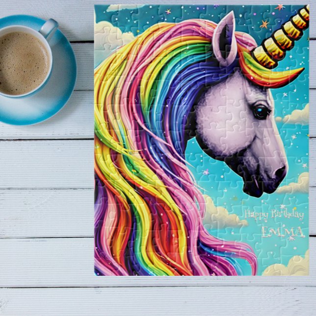 Happy Birthday Custom Name and Rainbow Unicorn Jigsaw Puzzle (Creator Uploaded)