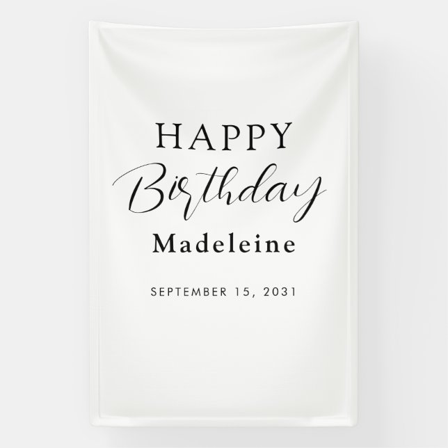 Happy Birthday Custom Name Black White Banner (Vertical)