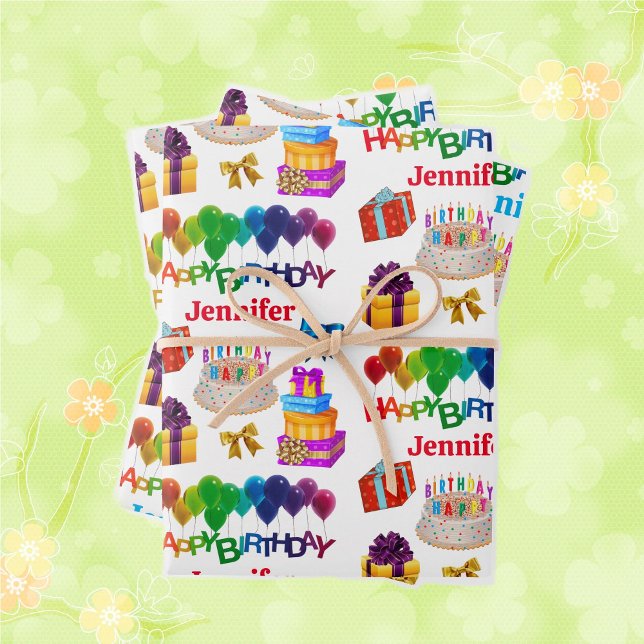 Happy Birthday Custom Name Bright & Cheerful 3 Wrapping Paper Sheet (Creator Uploaded)