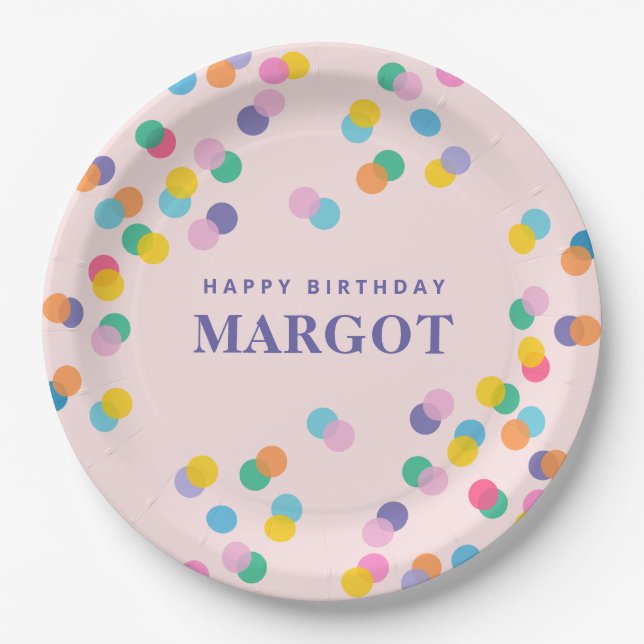 Happy Birthday Custom Name Confetti Blush Pink Paper Plate (Front)