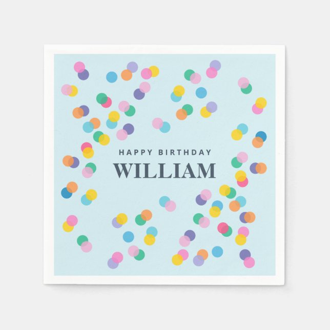 Happy Birthday Custom Name Confetti Pastel Blue Napkin (Front)