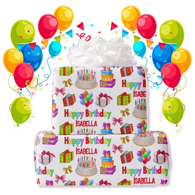 Happy Birthday Custom Name Cute and Colourful Wrapping Paper (Creator Uploaded)