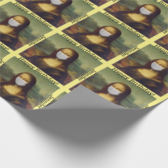 Happy Birthday Custom Name Face Mask Mona Lisa Wrapping Paper (Corner)