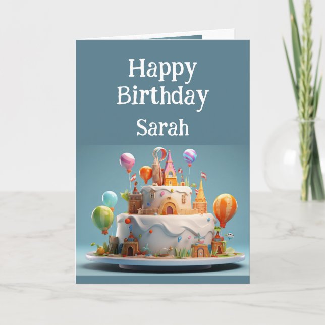 Happy Birthday Custom Name Fantasy Castle Cake Card (Front)