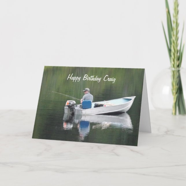 Happy Birthday Custom Name Fishing on Lake in Boat Card (Front)