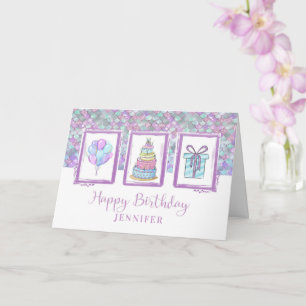 Happy Birthday Custom Name Modern Purple and Aqua Card