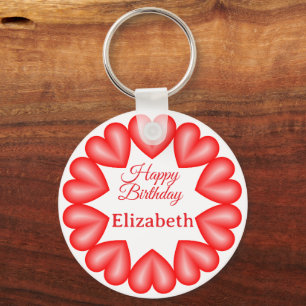Happy birthday custom name red hearts circle frame key ring