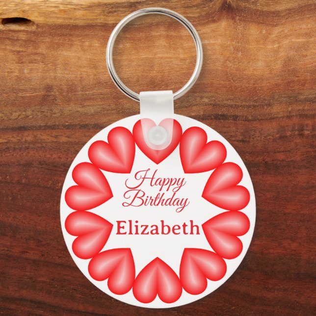 Happy birthday custom name red hearts circle frame key ring (Back)