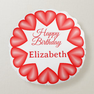 Happy birthday custom name red hearts circle frame round cushion