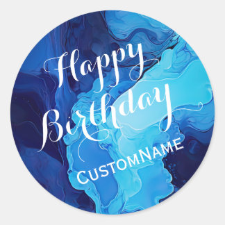 Happy Birthday Custom Personalised Name Blue Classic Round Sticker