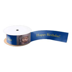 Happy Birthday Custom Photo and name Gold & Blue Satin Ribbon