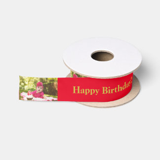Happy Birthday Custom Photo and name Gold & Red Satin Ribbon