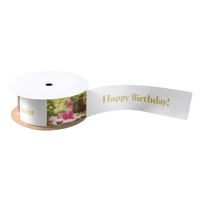 Happy Birthday Custom Photo and name Gold & White Satin Ribbon (Spool)