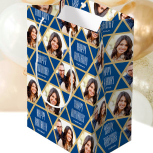 Happy Birthday Custom Photo Name Star Pattern Blue Medium Gift Bag