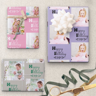 Happy Birthday Custom Photo Pink Lavender Set of 3 Wrapping Paper Sheet