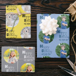 Happy Birthday Custom Photo Set of 3 Blue Yellow Wrapping Paper Sheet<br><div class="desc">Photo wrapping paper - 3 designs in the set and you can customise each sheet with either the same or different photos. Personalise with pictures of who the gift is for or, who the gift is from; whichever you prefer. Each sheet is lettered with Happy Birthday in cute handwritten lettering...</div>