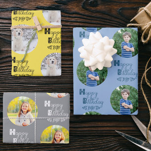 Happy Birthday Custom Photo Set of 3 Blue Yellow Wrapping Paper Sheet