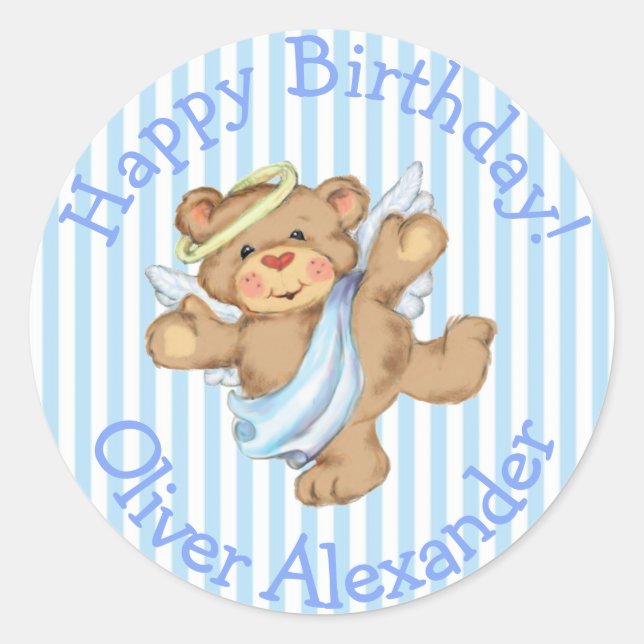 Happy Birthday Custom Teddy Bear Angel Classic Round Sticker (Front)